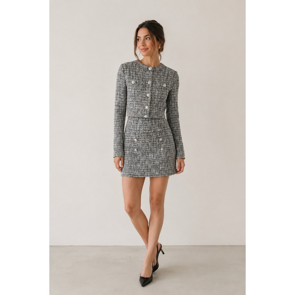 HM Black White Tweed Knit Skirt and Blazer Jacket Set XS